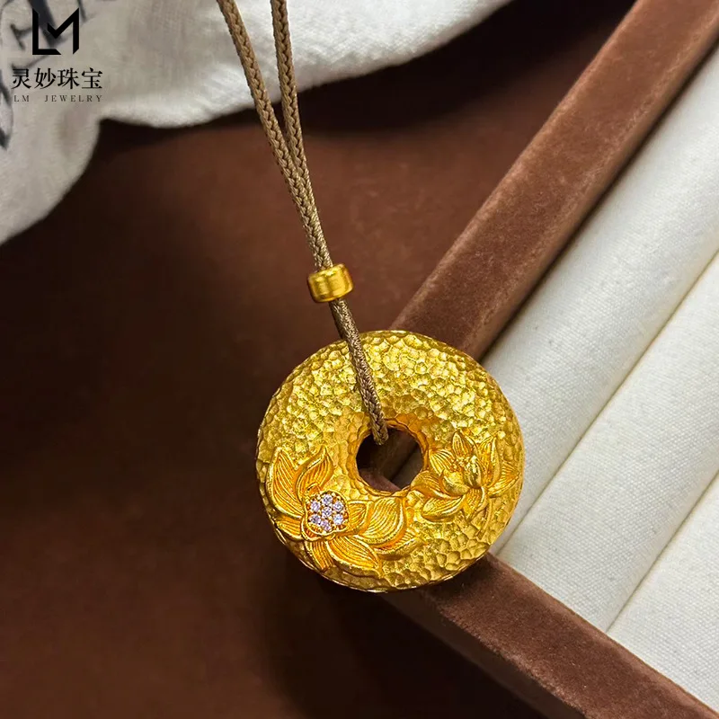 

9999 24K real gold hammer pattern dot diamond lotus peace buckle pendant necklace solid lotus pendant gift for girlfriend