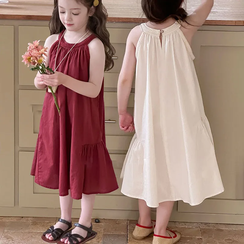 

Round Neck Solid Color Princess Dress Beach Holiday Casual Pastoral dress for girls Temperament Vest Summer Children Clothing