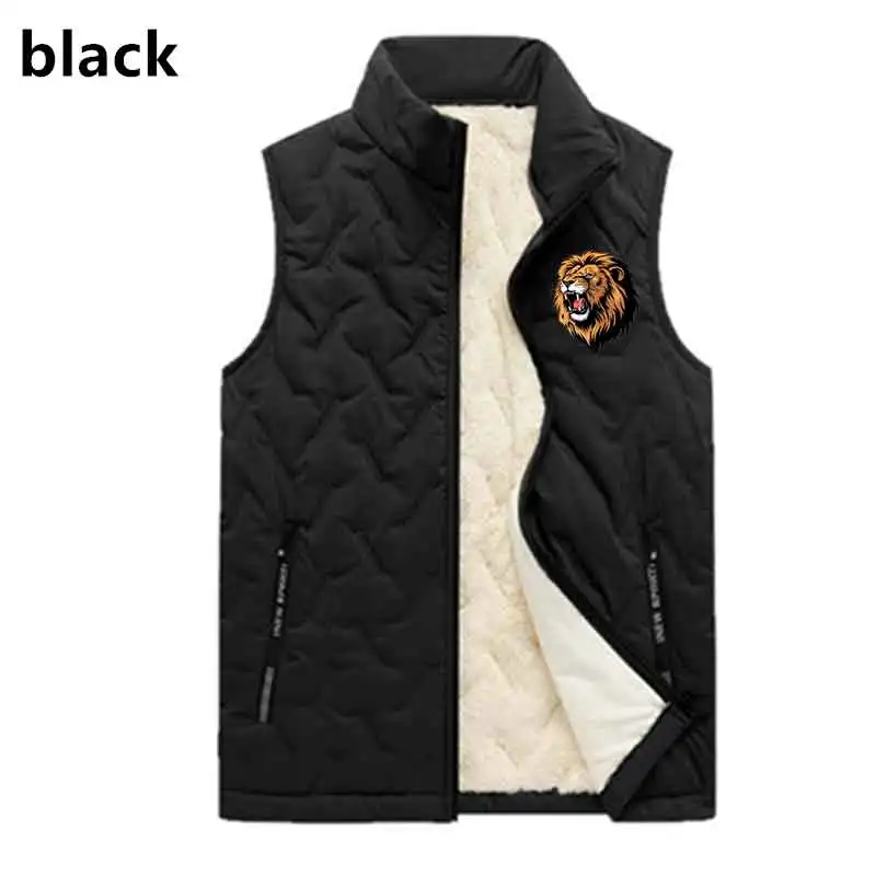 Men Stand Collar Warm Vest Windproof Jacket Lion Print Coat Winter Running Outwear Casual Thicken Waistcoat Thick Gilet Pocket