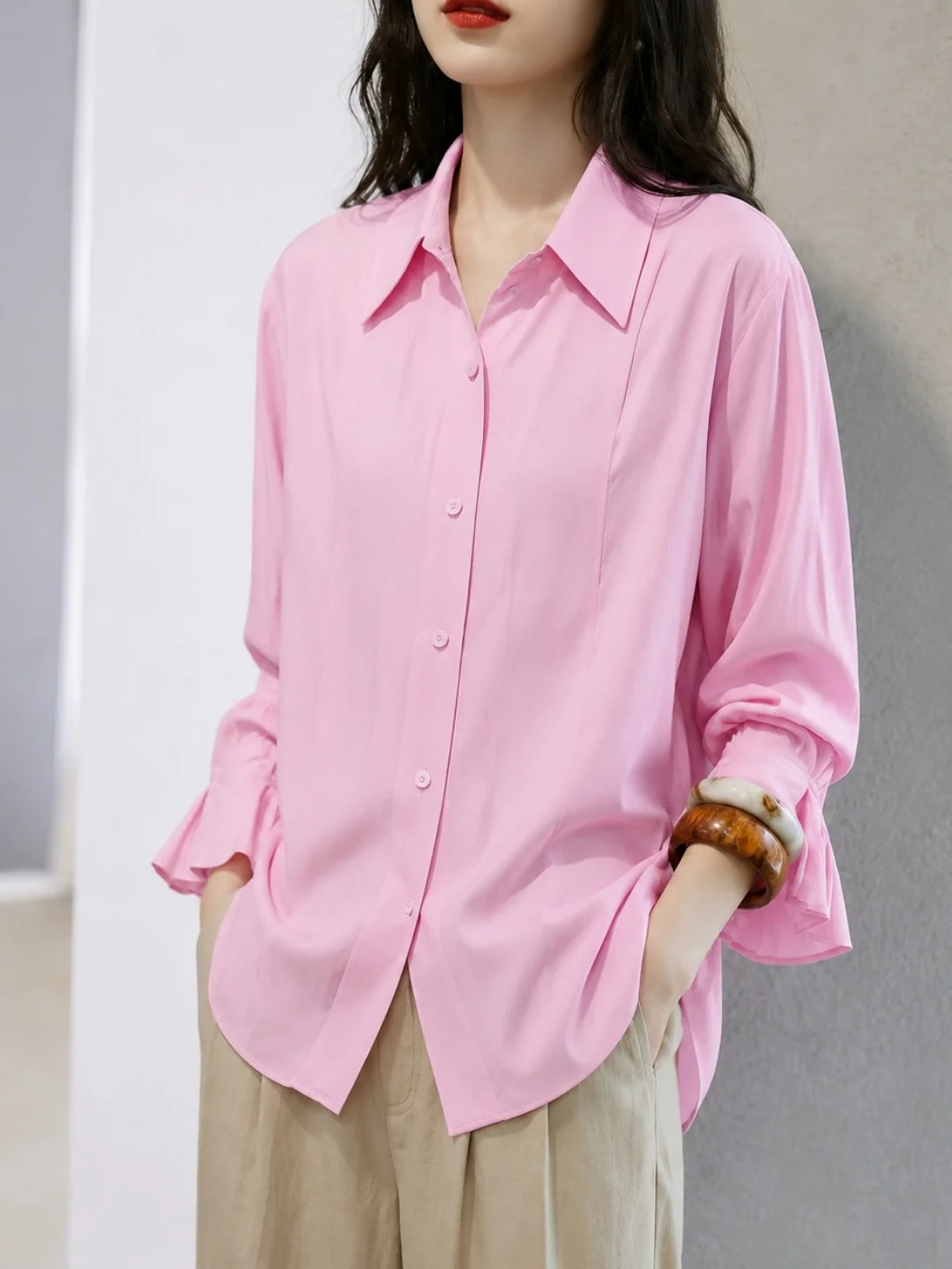 Elegant Collar Long Sleeve Shirt Single Button Gentle Style Ageless Fashion Korean Version Straight Cut Silk Top