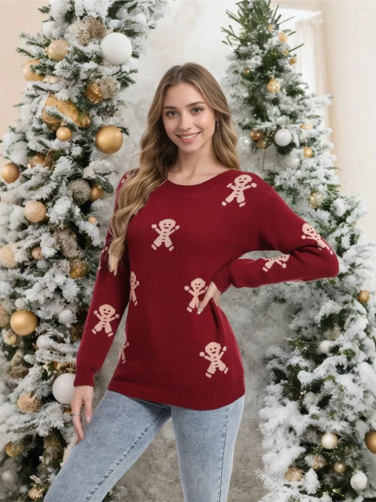 

Winter Clothes Woman Pulls Femmes Christmas Knitted Cartoon People Embroidered Round Neck Pullover Women's Top All-match Trendy