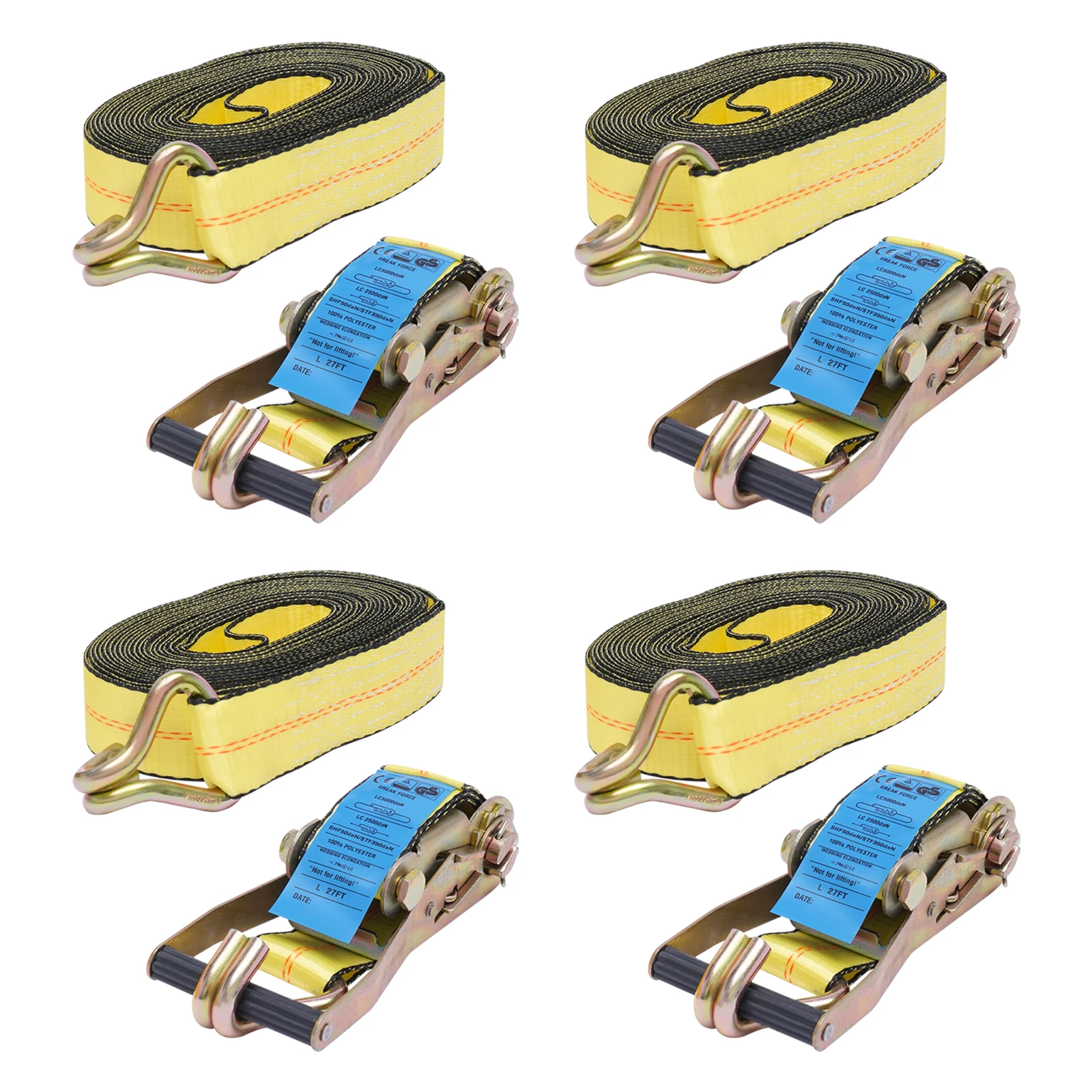 4 PACK Vastbindriemen Ratel Dubbele J-haak Heavy Duty 11000 lbs 2''x 27ft NIEUW