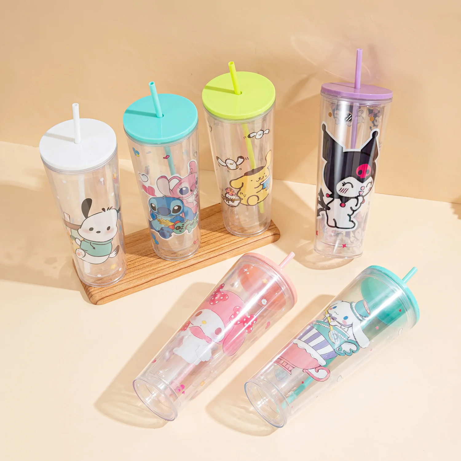 

Genuine Miniso Sanrio Kuromi Straw Cup My Melody Summer Stars Plastic Cold Drink Kawaii Decorations Cartoon Children's Straw Cup