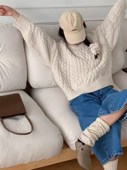 Korean Sle Lazy Loose Fit Warm Sweater Women's Winter Large Size Comfortable Knitwear Casual round Ne Long Sve Top