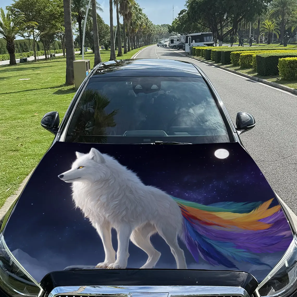 Fantasy White Wolf with Colorful Tail Pattern car hood stickers, waterproof self-adhesive, scratch resistant, easy to stick, dur