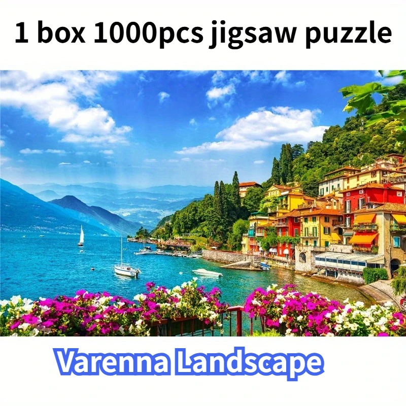 Rompecabezas de cartón azul de 1000 piezas, 27,2 x 20,1 pulgadas (69 x 51 cm), paisaje de Varenna, Italia, lago de Como, perfecto para adultos y personas mayores
