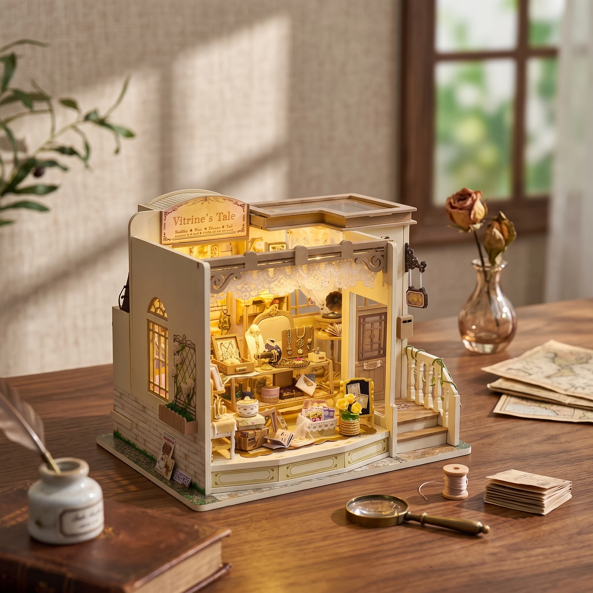 Miniature Jewelry Shop Lighted Miniature House with Light Storefront Model Kit Compact Toy Charming for Collectors
