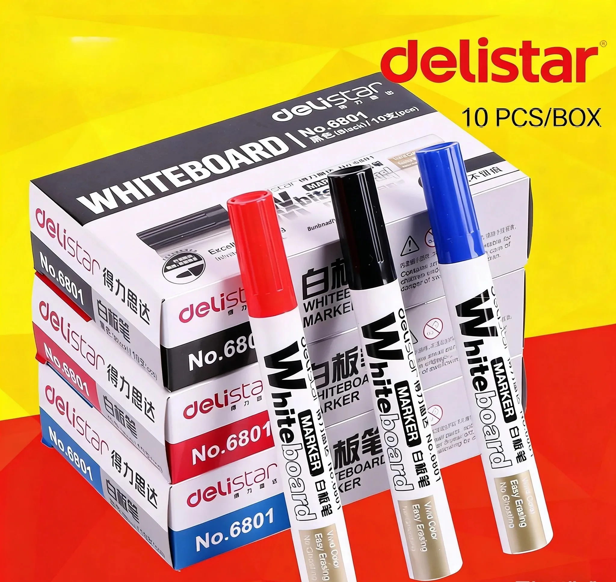 

6801 Dry Erase Markers Erasable Water-Based Whiteboard Pens Large Head for Teaching Glass Whiteboard Black Blue Red