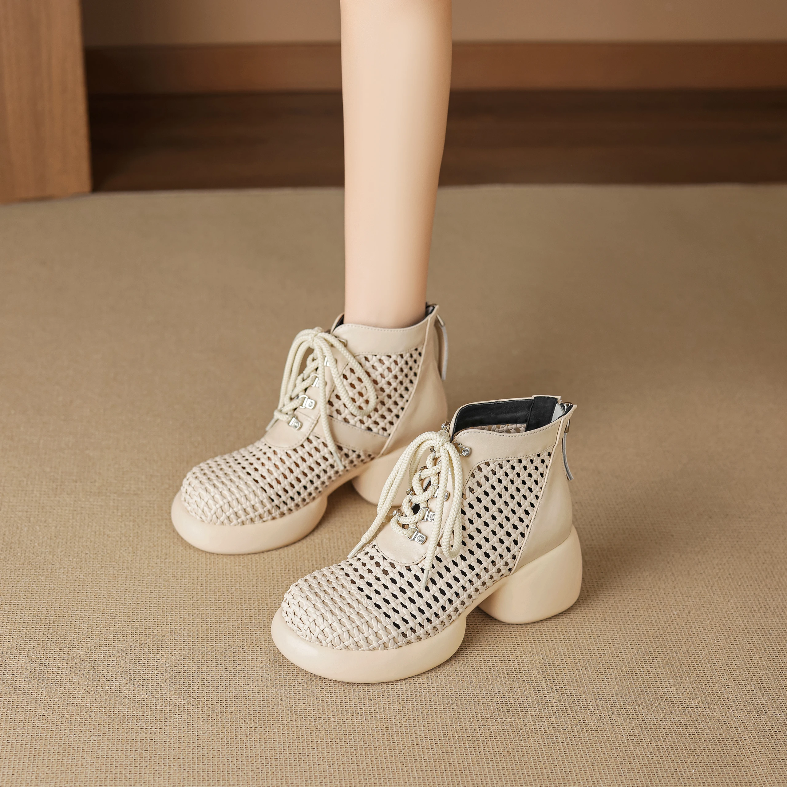 

Genuine Leather Cowhide Weave Women's Sandals,Hollow Out Breathable Summer Mesh ﻿Ankle boots, Fashion Heels Womens Shoes