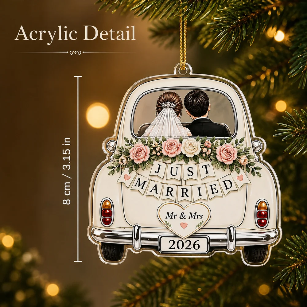 Custom Text Wedding Car Ornament,Just Married Newlywed Keepsake,Personalized Name And Year,Christmas Newlyweds Gift For Couples