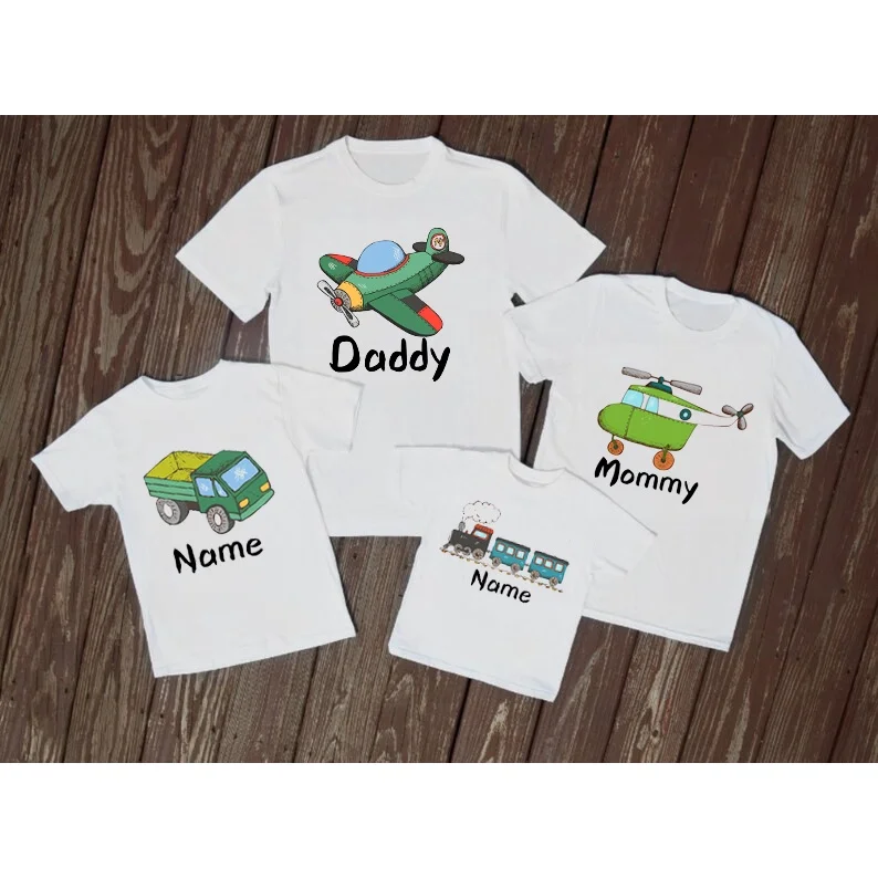 Lovely Plane Truck Train Print Transportation Family Matching Outfits Men Women Boy's T-shirt Party Clothes Children's Birthday