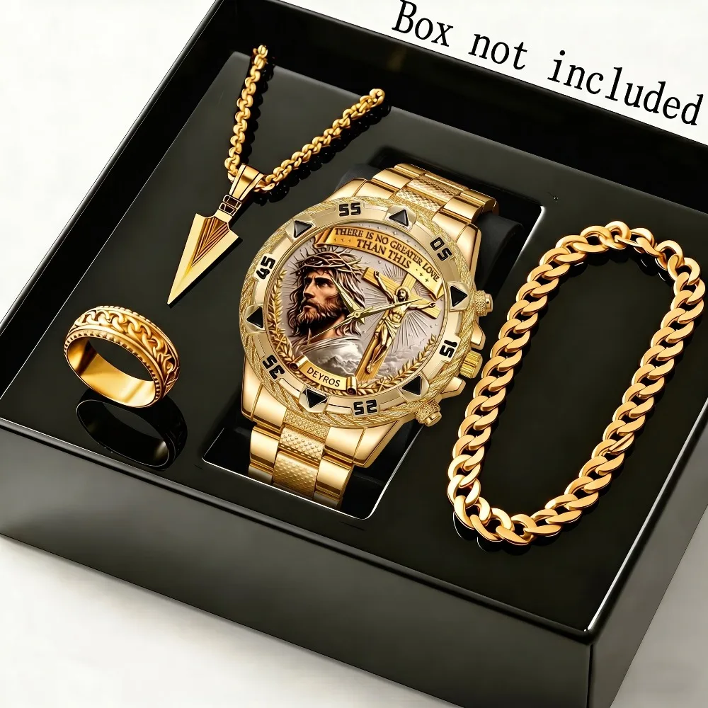 Men's 4 In 1 Watch Jewelry Set Stainless Steel Strap Quartz Watch + Necklace+Bracelet+Ring Business Casual Gift