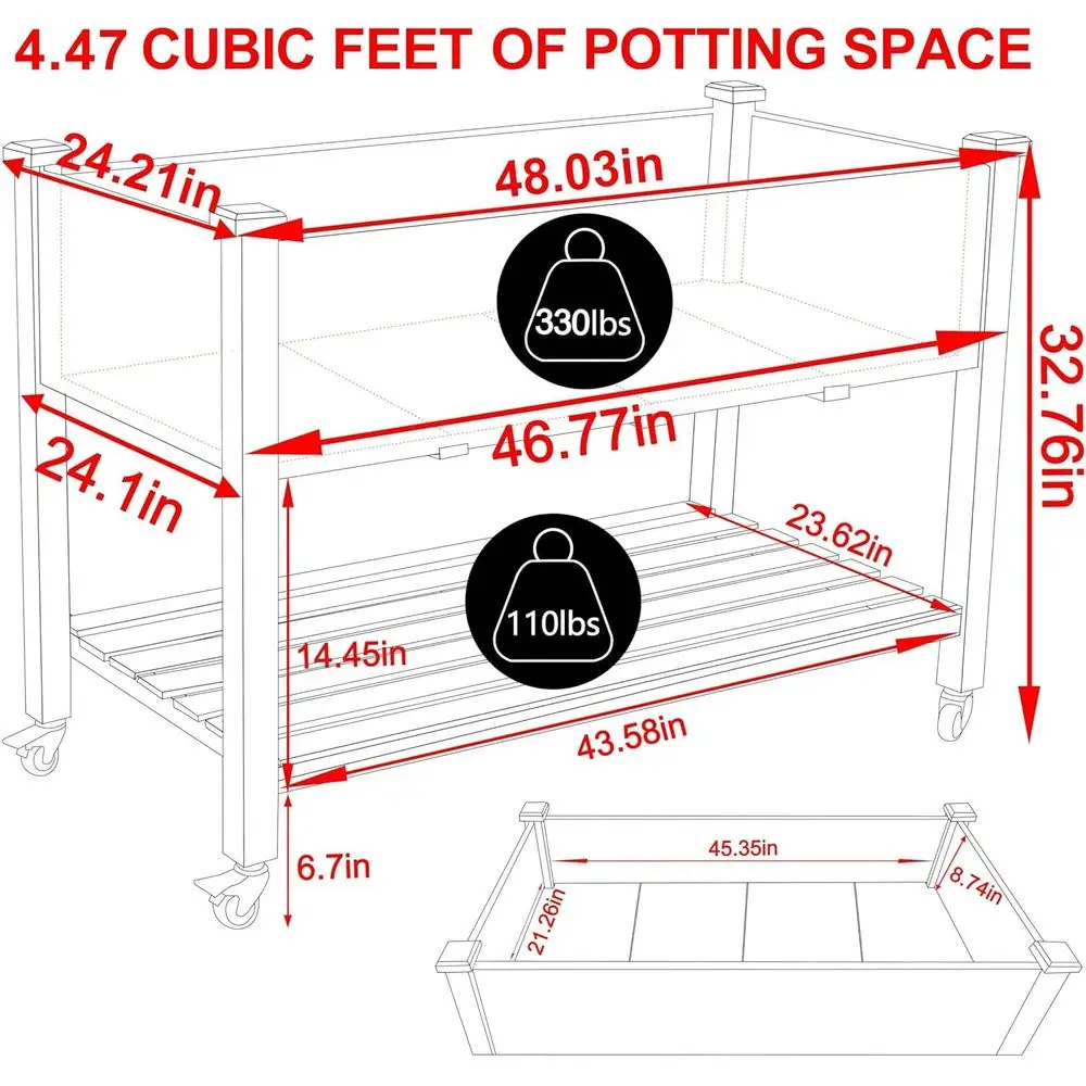 Large 48x24x33in Raised Garden Bed with Wheels, Storage Shelf, Suitable for Outdoor, Backyard, Patio, Balcony