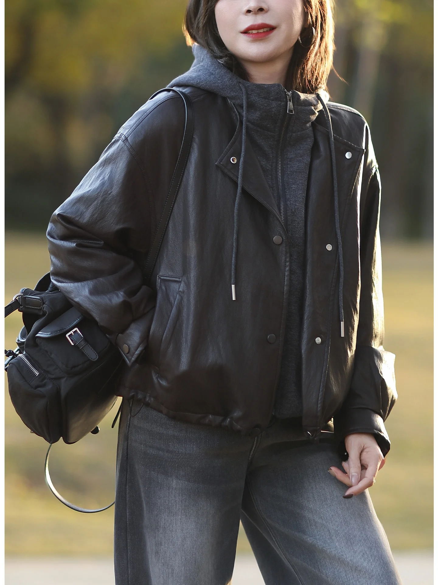 

Loose Fit Soft Protein Leather Hooded Jaet Fake Two-Piece down Jaet Casual Sle Long Sve Youth Coat for Winter Season