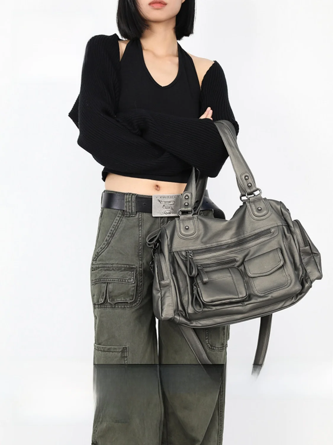 

JANDRESS Original Y2K Motorcycle Bag Green Rusty Multi-Pocket Zipper Crossbody Shoulder Bag for Youth Modern Neutral Style