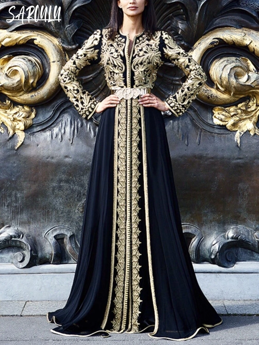 

Arab Elegant O-neck Evening Dresses Moroccan Long Sleeve Bridal Dress Caftan Appliques Floor-length Gown Robe De Mariée