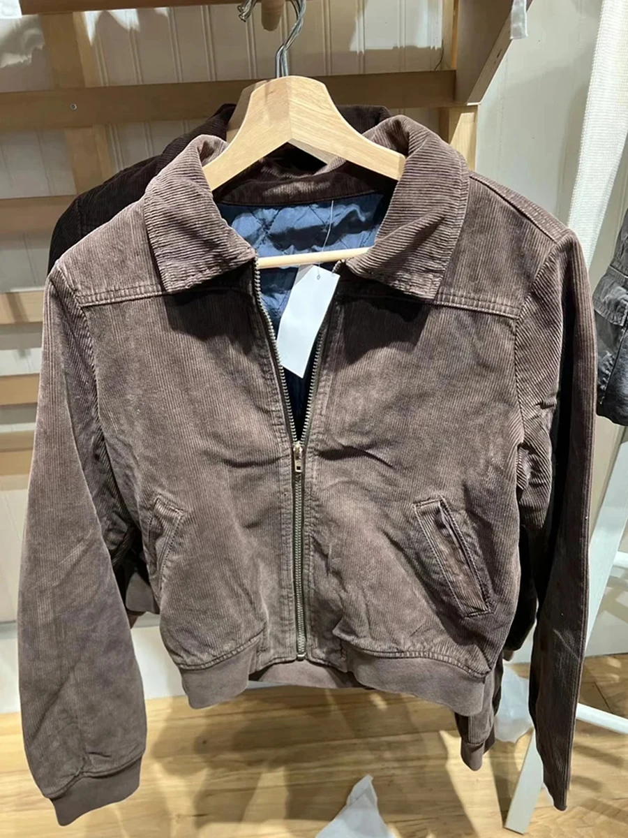 Vintage Coffee Corduroy Cropped Zipper Thick Coats Women Turn Down Collar Preppy Style Jacket Harajuku Streetwear Chic Outerwear