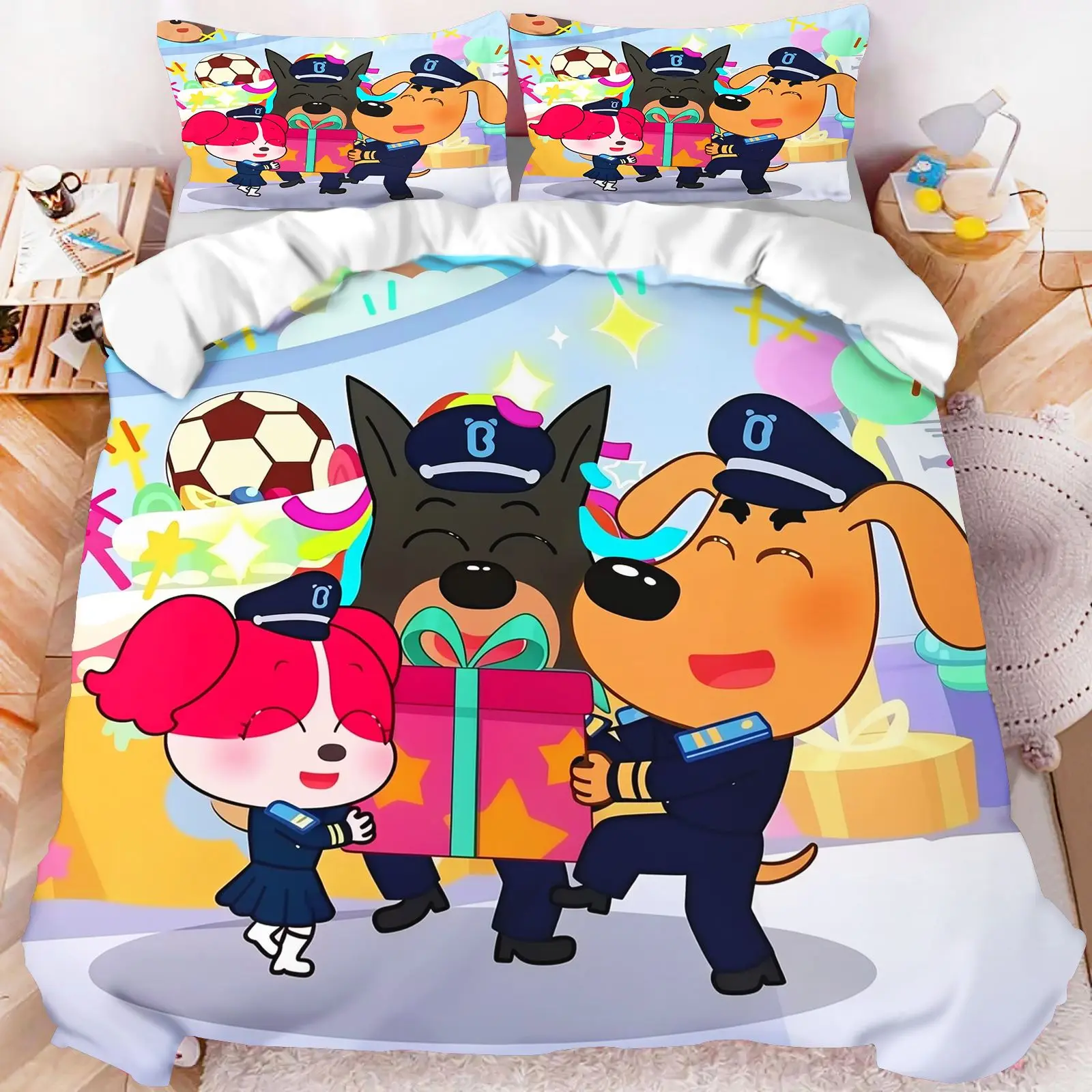 Polyester Sheriff Labrador Cartoon Bedding Set 3D Print Police Dog Duvet Cover Pillow Covers Twin Full Queen King Size