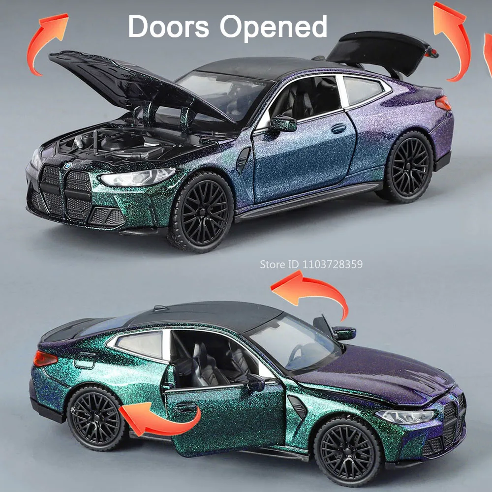 1:32 M4 M8スーパーカーモデルおもちゃ合金ダイキャストミニチュアオーナメントスポーツカーサウンドライトドア開閉プルバック子供向けギフト