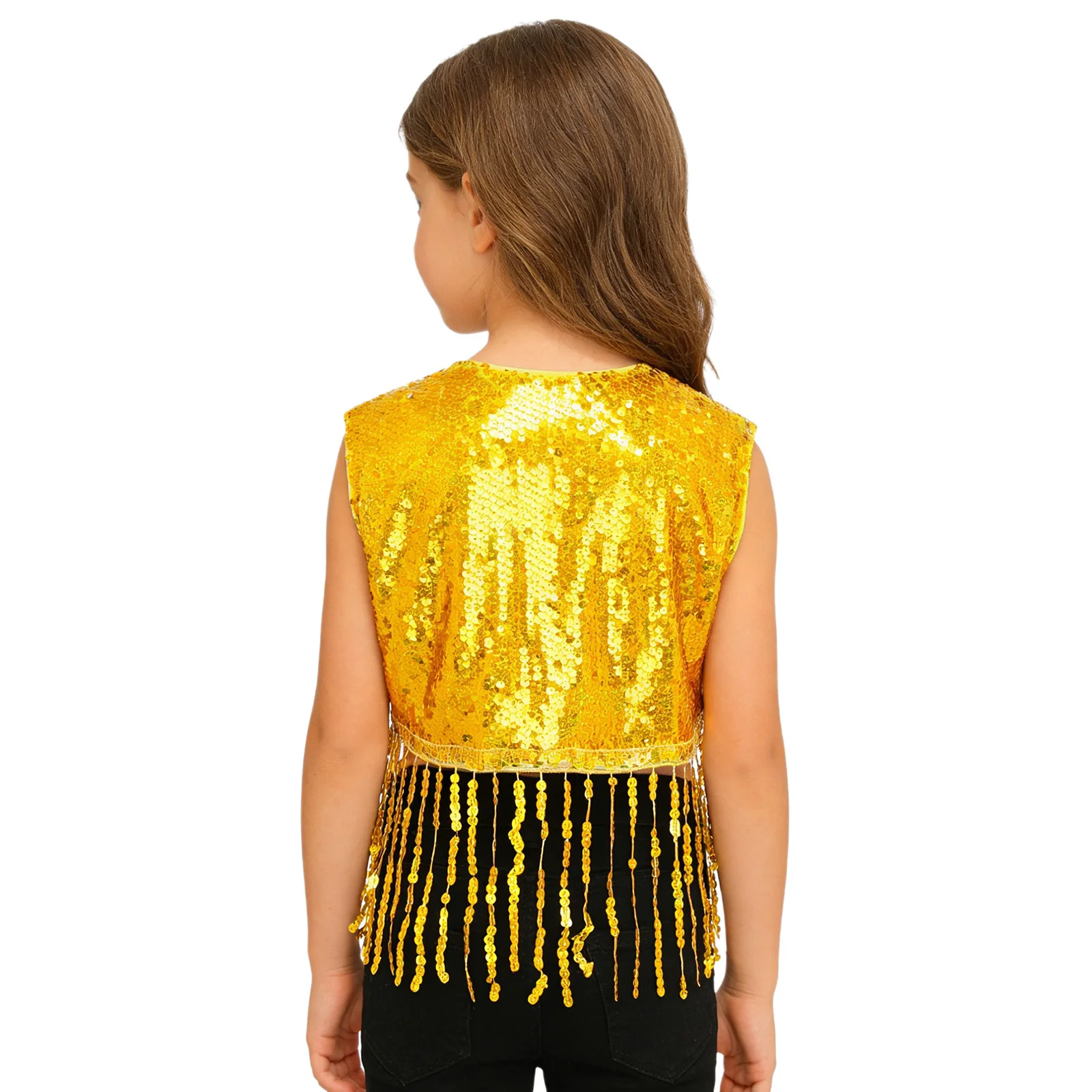 Kids Girls Shiny Sequins Dance Vest Sleeveless Open Front Fringed Tassel Crop Top Waistcoat for Jazz Performance Competition