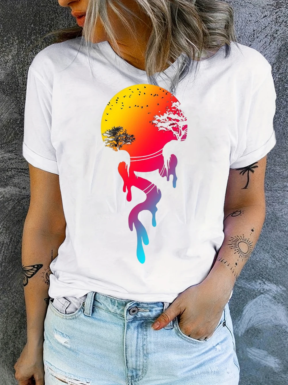 WOMen's Summer Fashionable Casual Loose Fit Plus Size Sunset Coconut Tree Print Round Neck Short Sleeved T-shirt Top  Harajuku