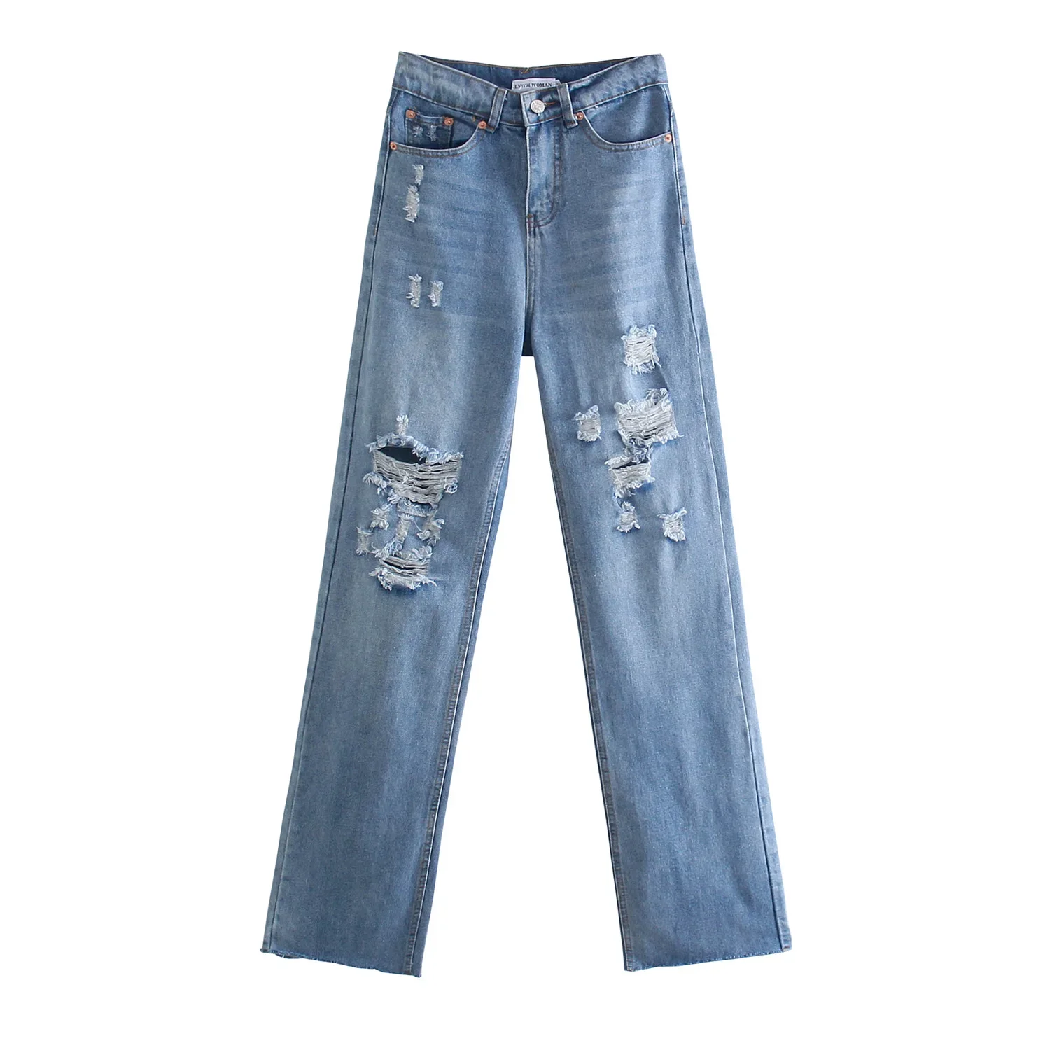 European Style Pockets High Waist Ripped Blue Denim Pants & Trousers for Women