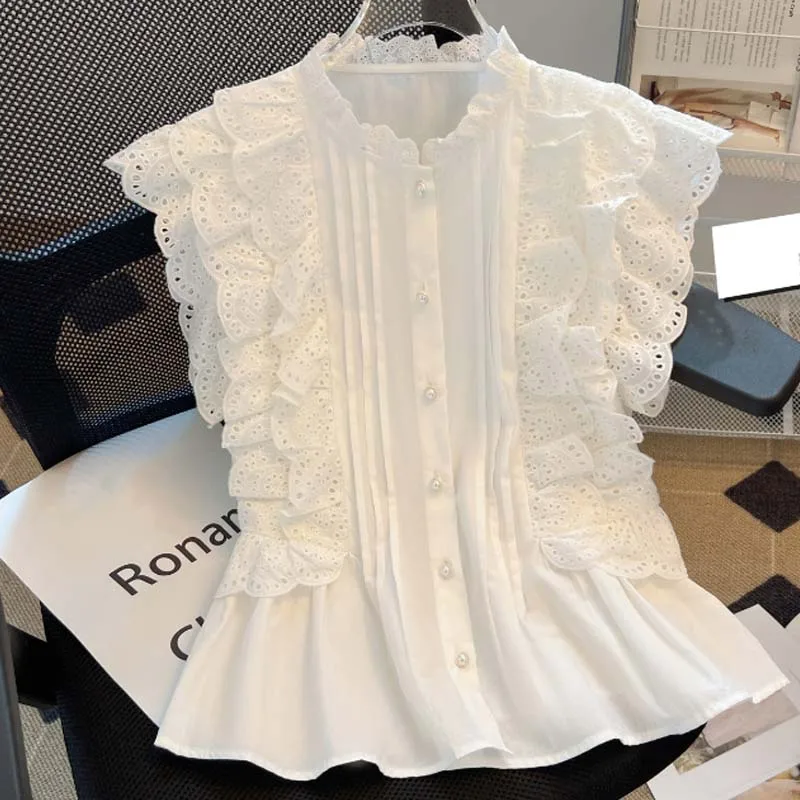 

Fashion Flying Sleeve White Shirts Vintage Sleeveless Ruffled Lace Blouse for Woman Woman Elegant Casual Sweet Tops 27709
