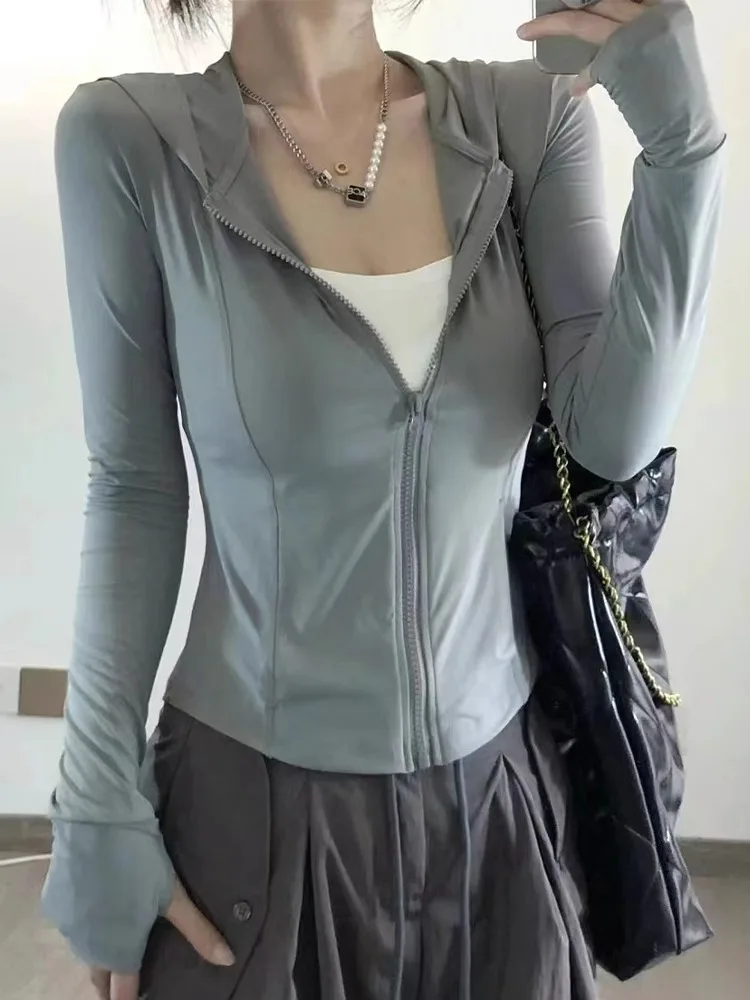 

Gray Ice Silk Women's Summer Outdoor Student Sun Protection Clothing Long Sleeve Zipper Hooded Coat Lightweight Fashionable