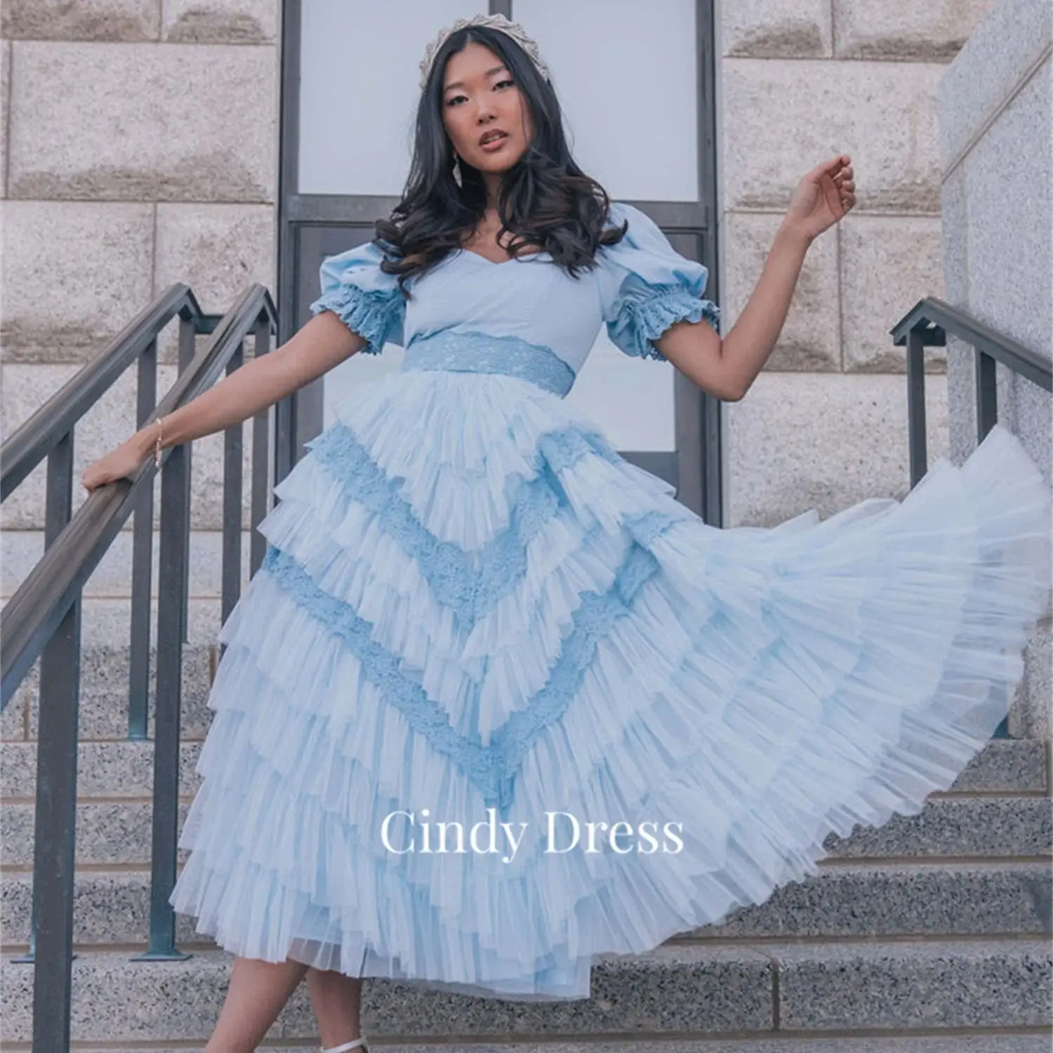 

Cindy Sky Blue Lace Layered Square Neck Short Sleeves Quinceanera Dresses Women Evening Dress Elegant Wedding Guest Long Party