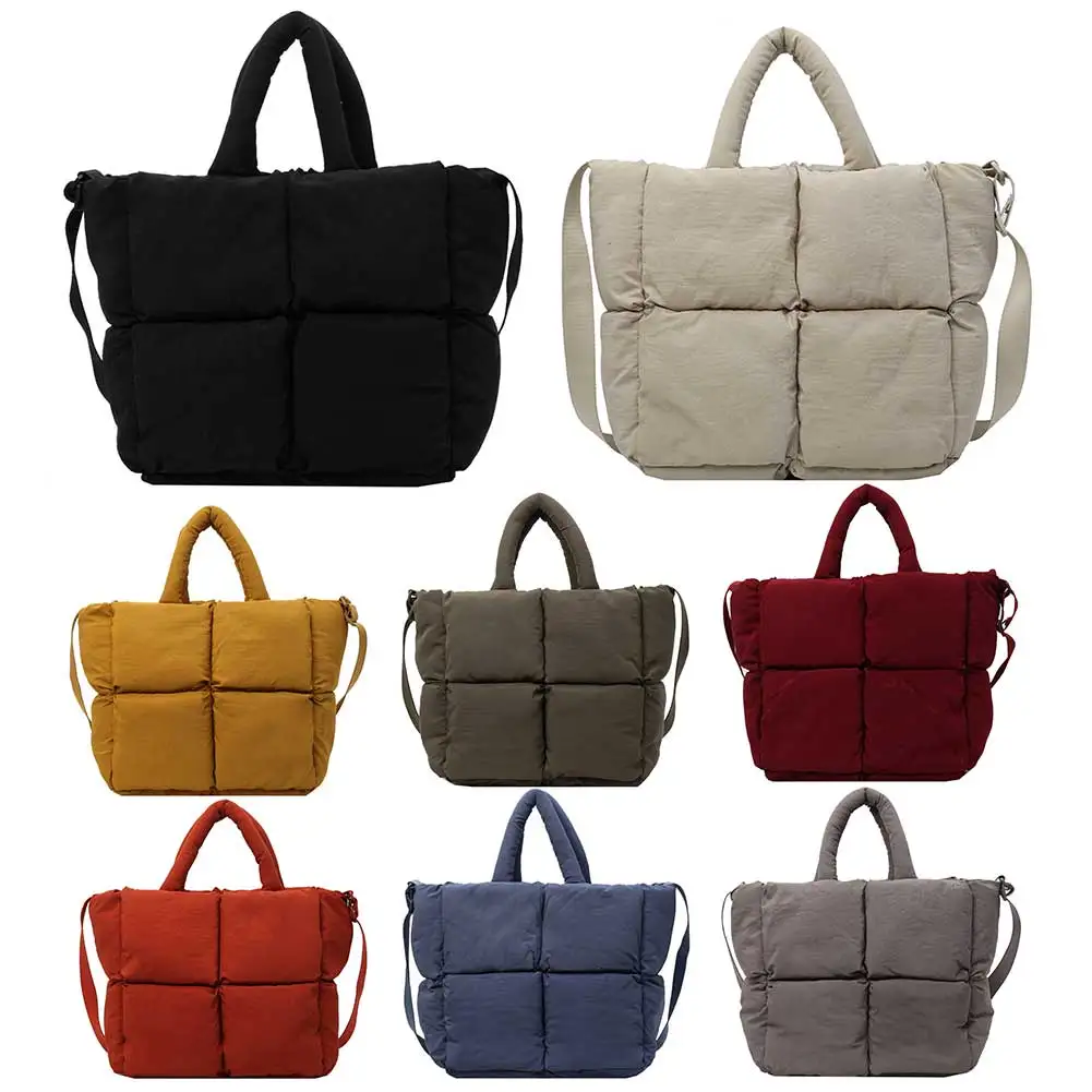 Women Puffer Shoulder Bag Large Capacity Puffer Satchel Bags Solid Color Simple Shopping Bag Adjustable Strap Padded Handbags