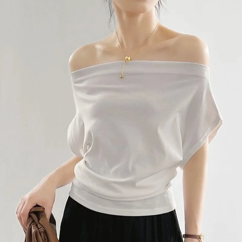T-shirt con scollo a barchetta per donna elegante Design con spalle scoperte Solid Summer top manica corta moda donna abbigliamento Casual semplice