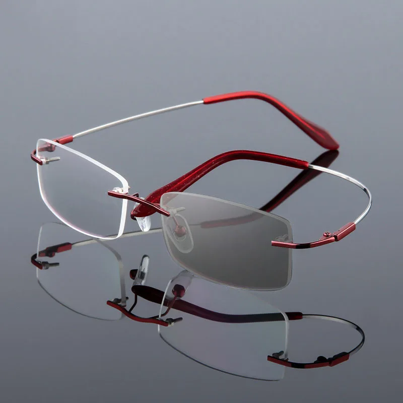 Grenzenlose photochrome Lesebrille für Männer und Frauen, Memory-Titanlegierung, Presbyopie-Brille, Outdoor, drehen Sie grau unter Sonnenlicht – Detail 5