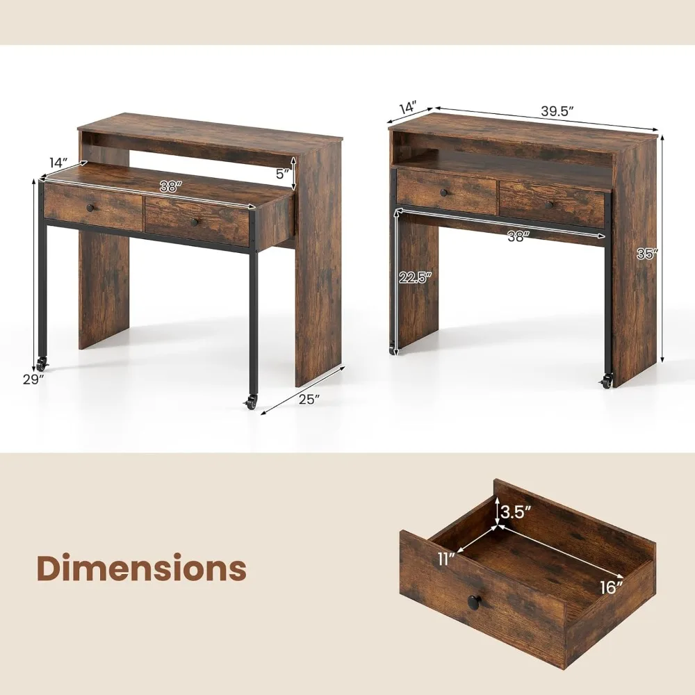 Giantex Small Computer Desk with Hutch & Drawers, Extendable Writing Desk w/Pull Out Secondary Table, Monitor Stand & Rolling Wh