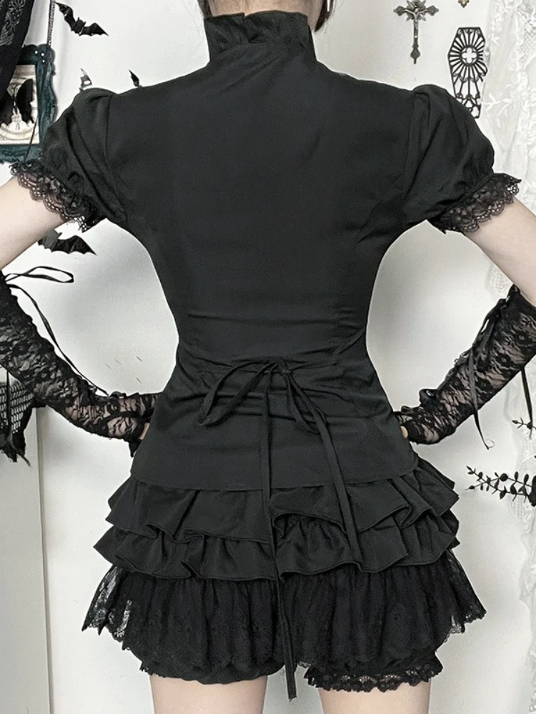 AltGoth قصر نمط خمر القوطي قميص المرأة الظلام مثير الحلو الجمالية الدانتيل المرقعة نفخة الأكمام بلوزة تنوعا الهذيان وتتسابق