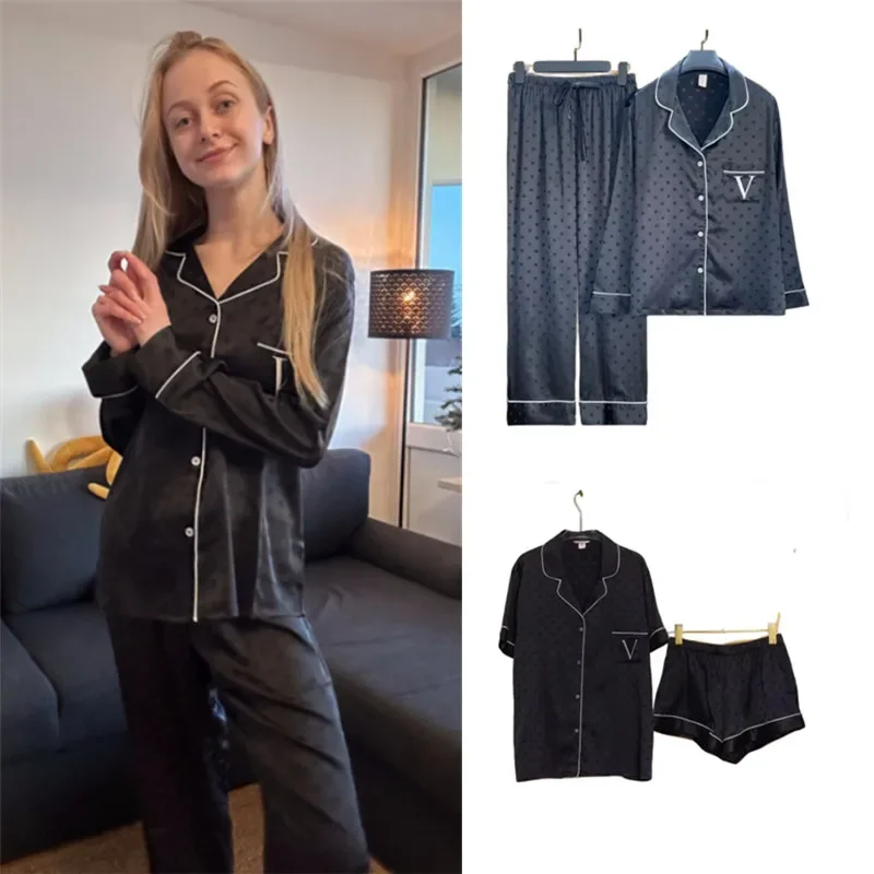 

Women's Silk Pajamas Two-piece Set Fashionable Thin Party Shirt Casual Clothes Loose Luxury Lapel Home Clothes Free Shipping