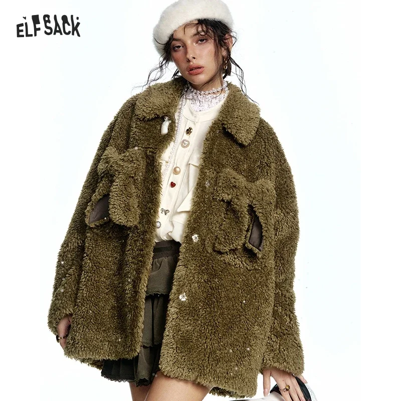 ELFSACK 2024 Winter New Arrivals Y2K Olive Bowknot Plush Thick Jacket Women
