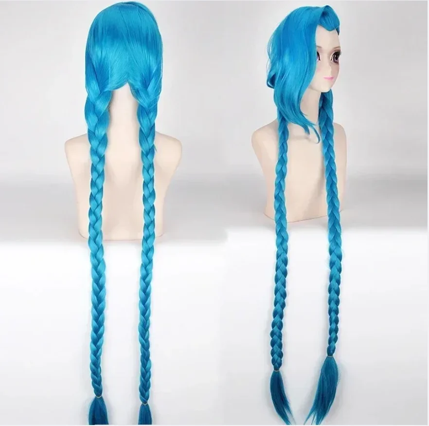 Blaue Zöpfe, lose geflochtene Haare, synthetisches Haar, Halloween-Party, Rollenspiel-Perücken, LOL Jinx Resin Headwear Prop Cosplay-Perücke