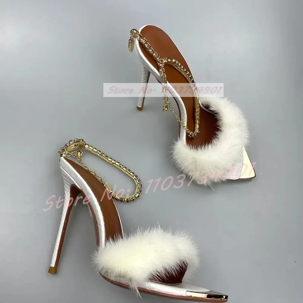 White Furry Crystals Chain Ankle Strap Sandals Women Trendy Metal Pointy Toe Stiletto Heeled Shoes Lady Sexy Elegant Sandals