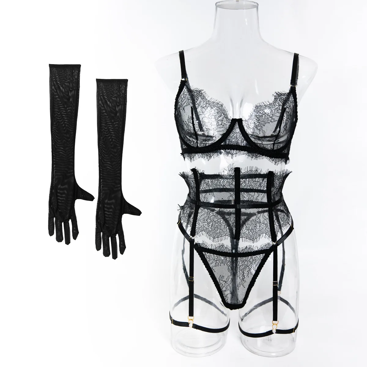 

French Style Sexy Eyelashes Lace Lingerie Womens Fishbone Splicing Hollow Perspective Underwear Thin Multi Piece Set with Gloves