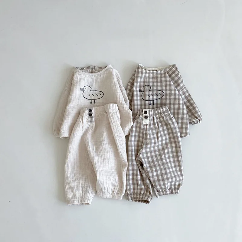 

2025 Autumn New Baby Long Sleeve Clothes Set Infant Boy Girl Cute Cartoon Tops + Pants 2pcs Suit Toddler Cotton Plaid Outfits