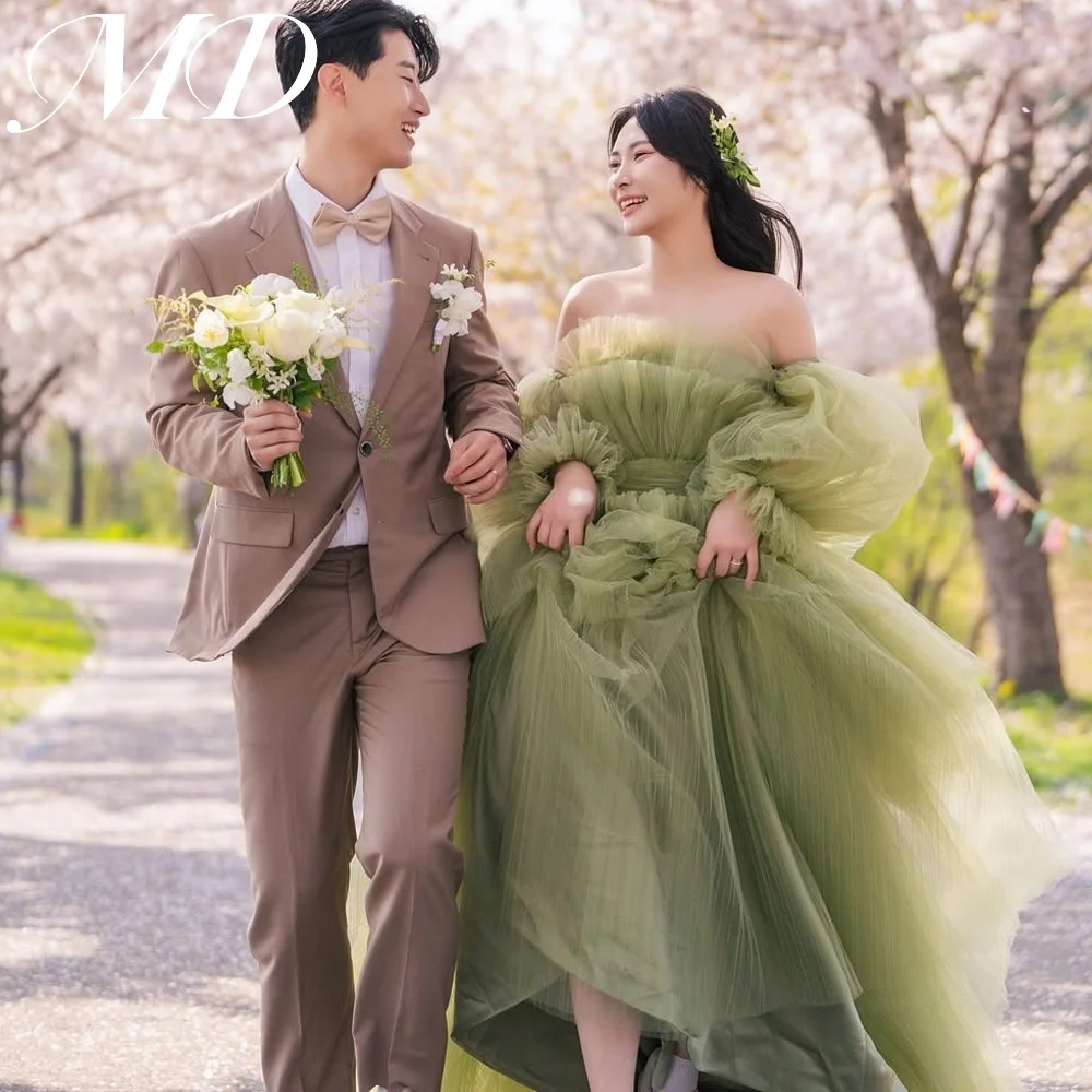 

MD Fairy New Green A-line Evening Dress Detachable Sleeve Tiered Pleat Tulle Korea Photoshoot Floor Length Customised 웨딩드레스