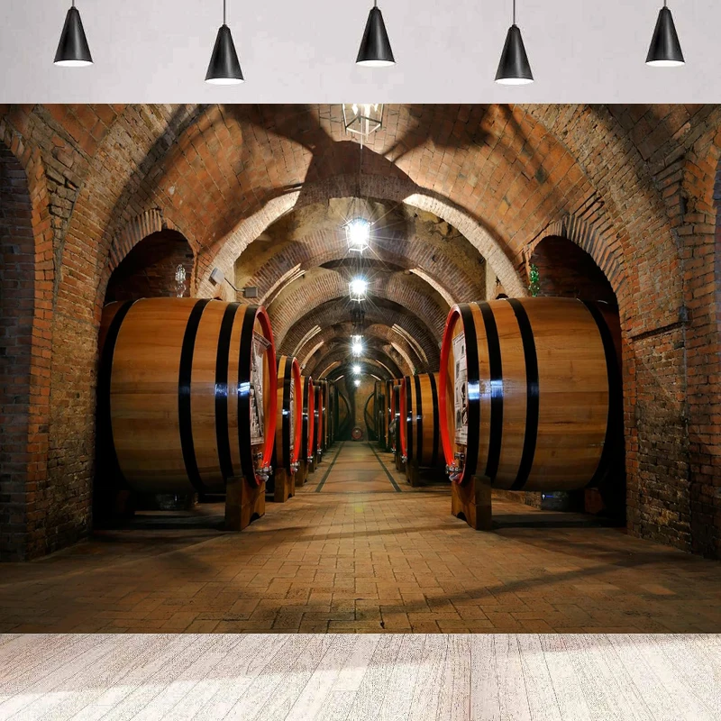 

Medieval Wine Cellar Photography Backdrop Retro Old Brick Wall Celler Barn Interior Wooden Wine Barrels Background Wall Poster