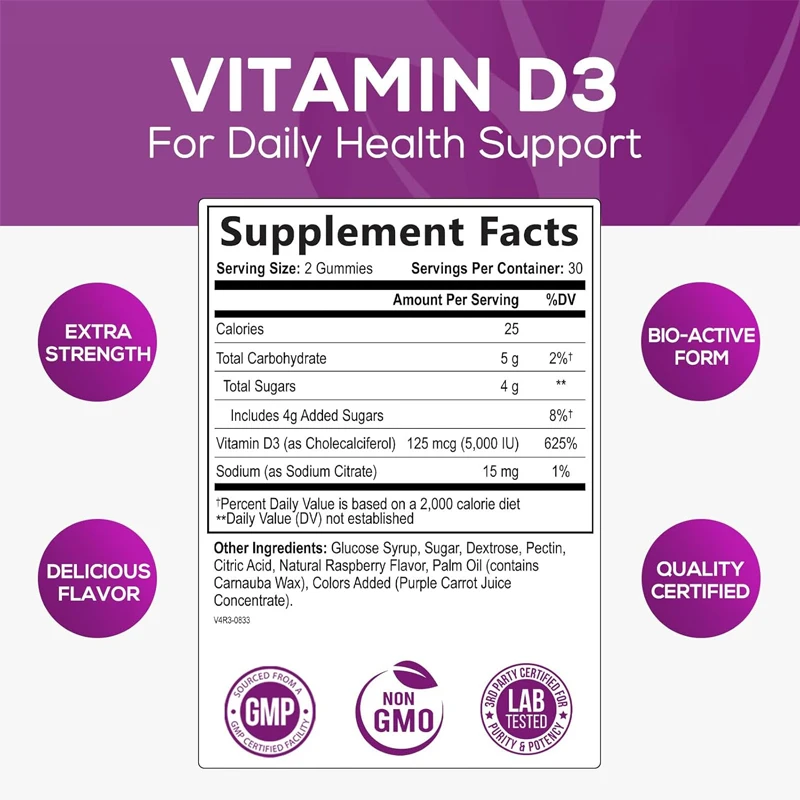 Vitamin D3 gummies 5000 IU extra strength 125 mcg D3 supplement gummies - supports natural bone, muscle, and immune health