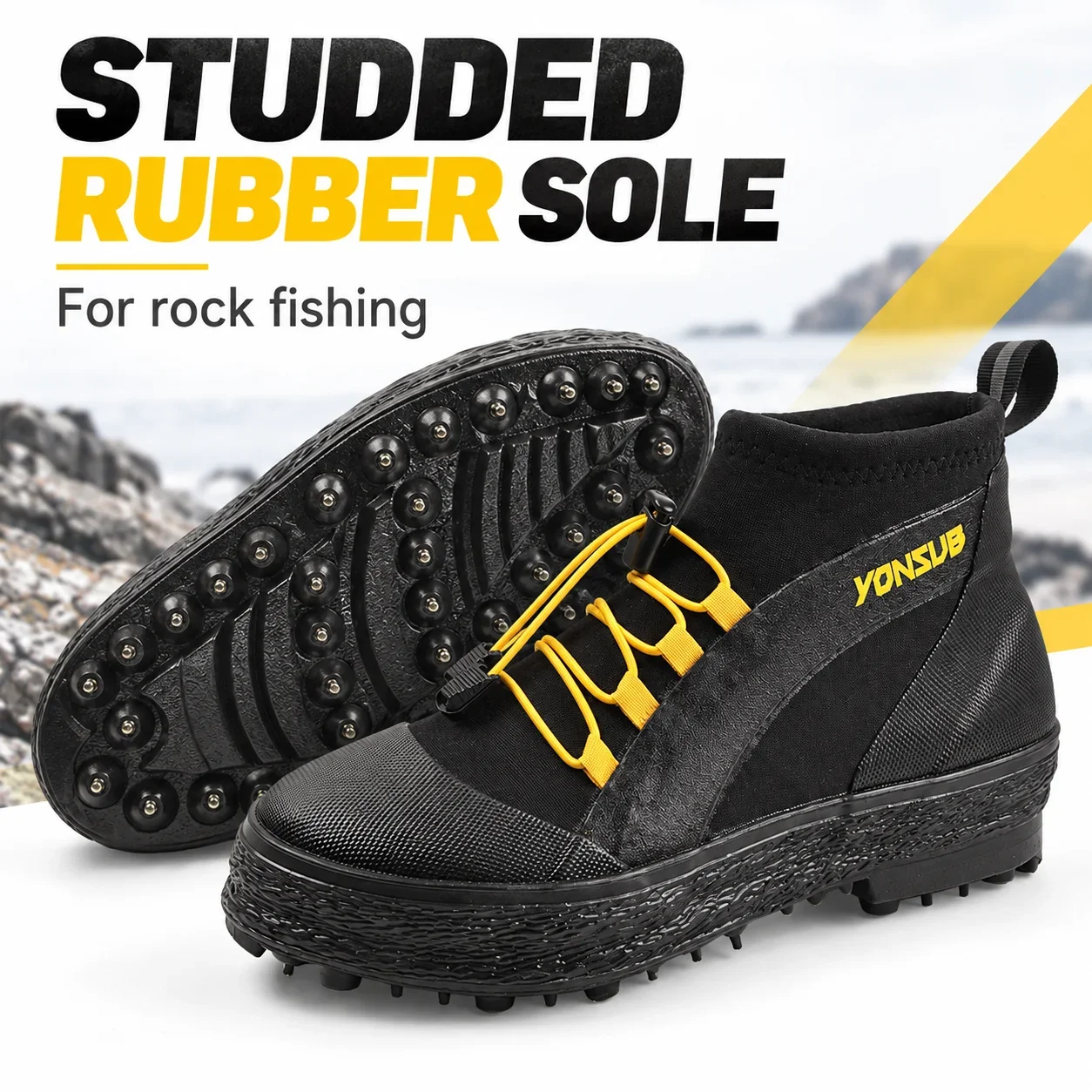 YONSUB Rock Fishing Shoes Studded Rubber Sole Anti Slip High Top Wading Footwear for Reef Creek Angling and Outdoor Adventures