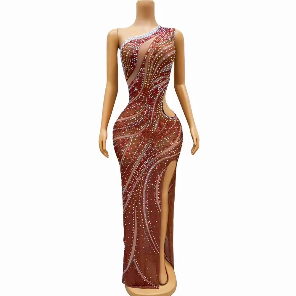 Sexy Stage Silver Red Rhinestones Waist Hollow Split Sleeveless Dress Evening Stretch Costume Singer Single Shoulder Gowns