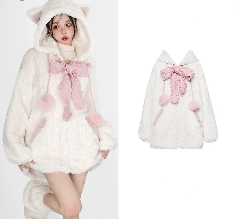 Harajuku Little WildCat Hoodies ผู้หญิงบอดี้สูทไทสีดำ Bowknot น่ารักหลวม Goth เสื้อ Y2k สไตล์ Kawaii ฤดูหนาวเสื้อผ้าผู้หญิง