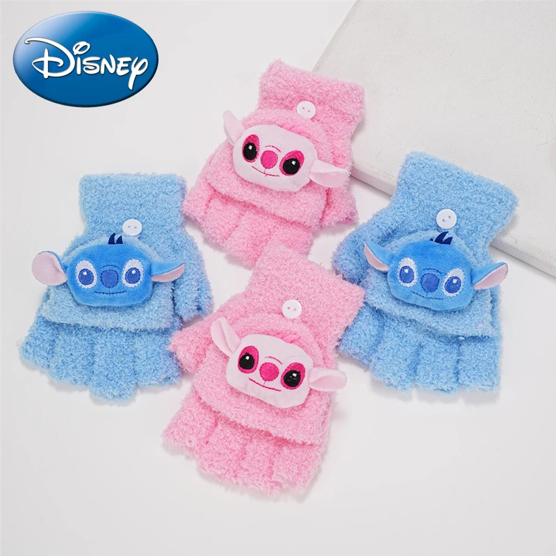 Disney Anime Figure Stitch Gloves Fall/Winter Coral Velvet Warm Outdoor Five-finger Cute Doll Children Gloves Christmas Gift