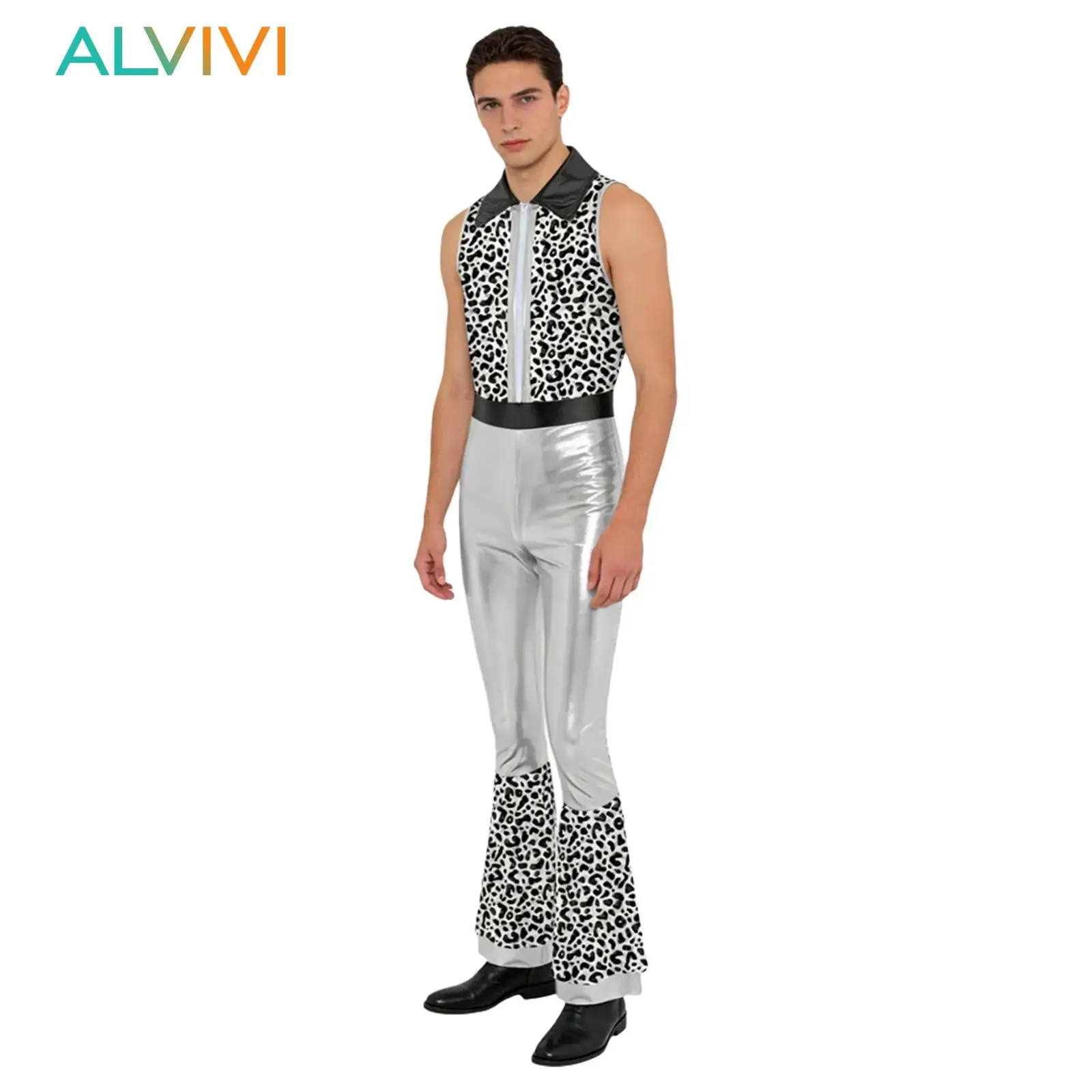 

Мужской костюм 70-х годов для диско-хип-хопа, джазового танца, шикарный блестящий комбинезон с принтом металлик, многоуровневые расклешенные брюки, комбинезон, комбинезон