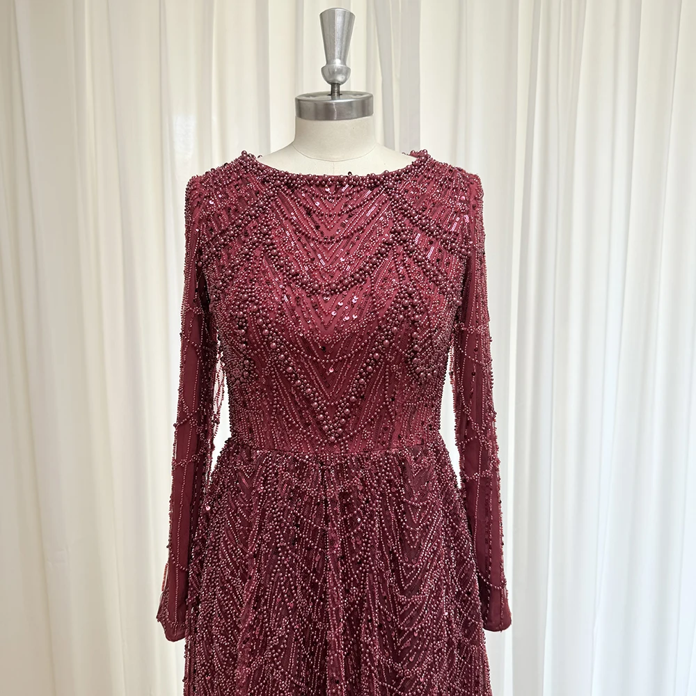 우아한 무슬림 진주 이브닝 드레스 2025 럭셔리 A라인 롱 슬리브 비즈 장식 정장 프롬 웨딩 파티 가운 여성 맞춤 제작