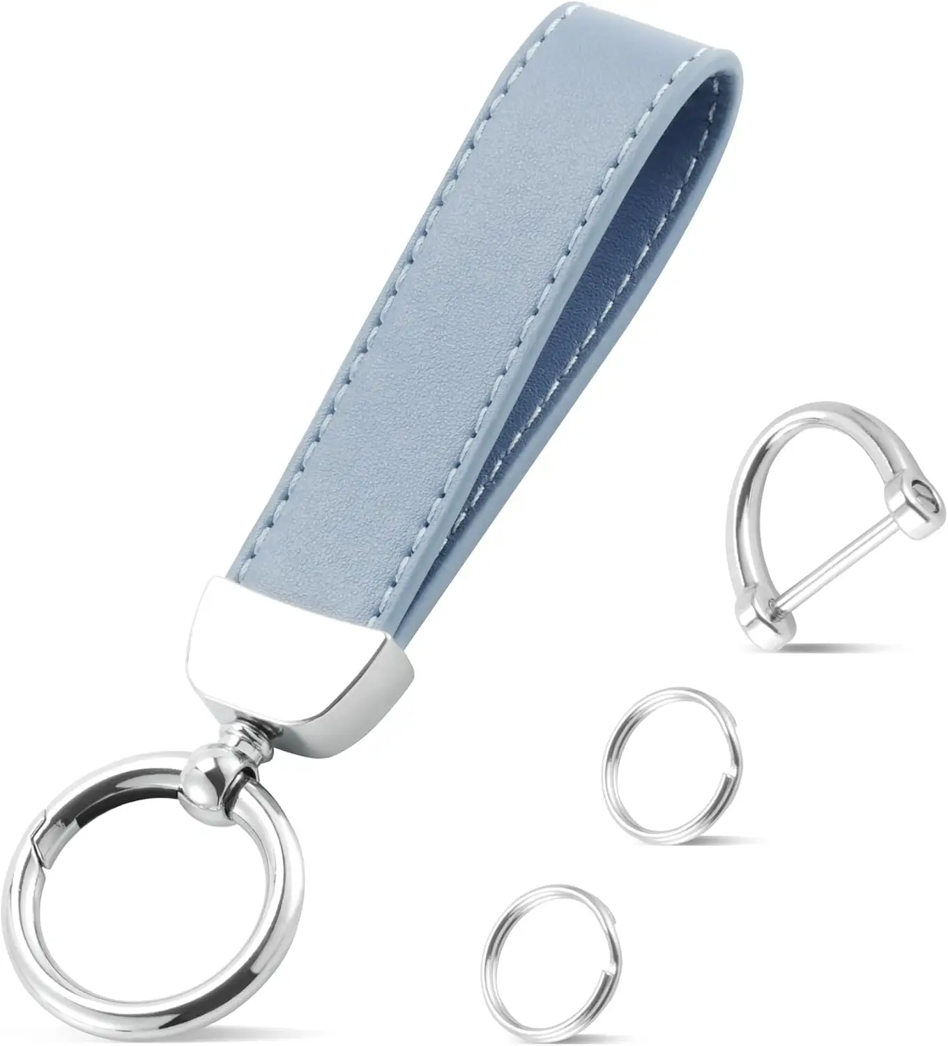 

Leather Keychain with Anti-Lost D-Ring and 2 Key Rings Wristlet for Car Keys Universal Blue
